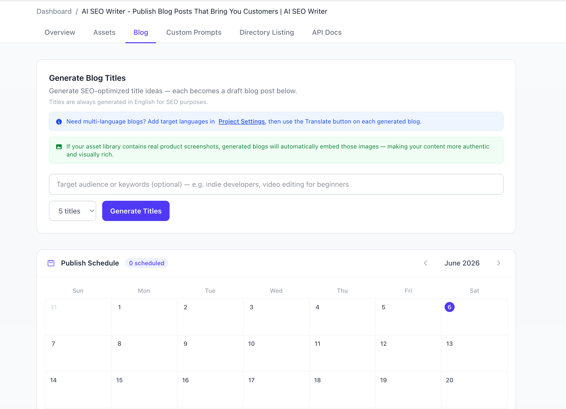Publish schedule calendar view showing June 2026 with a highlighted date and zero scheduled posts