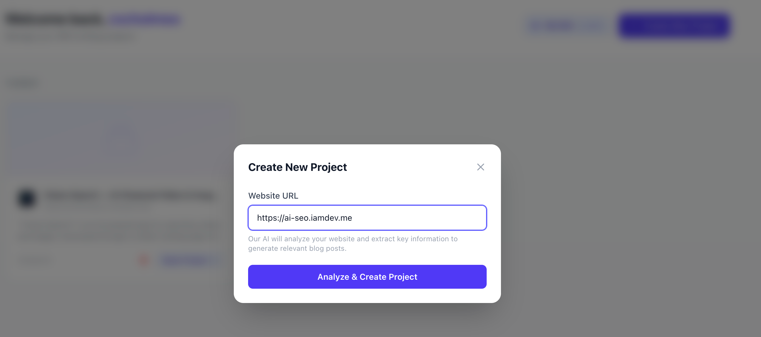 Create New Project modal with website URL input and Analyze button