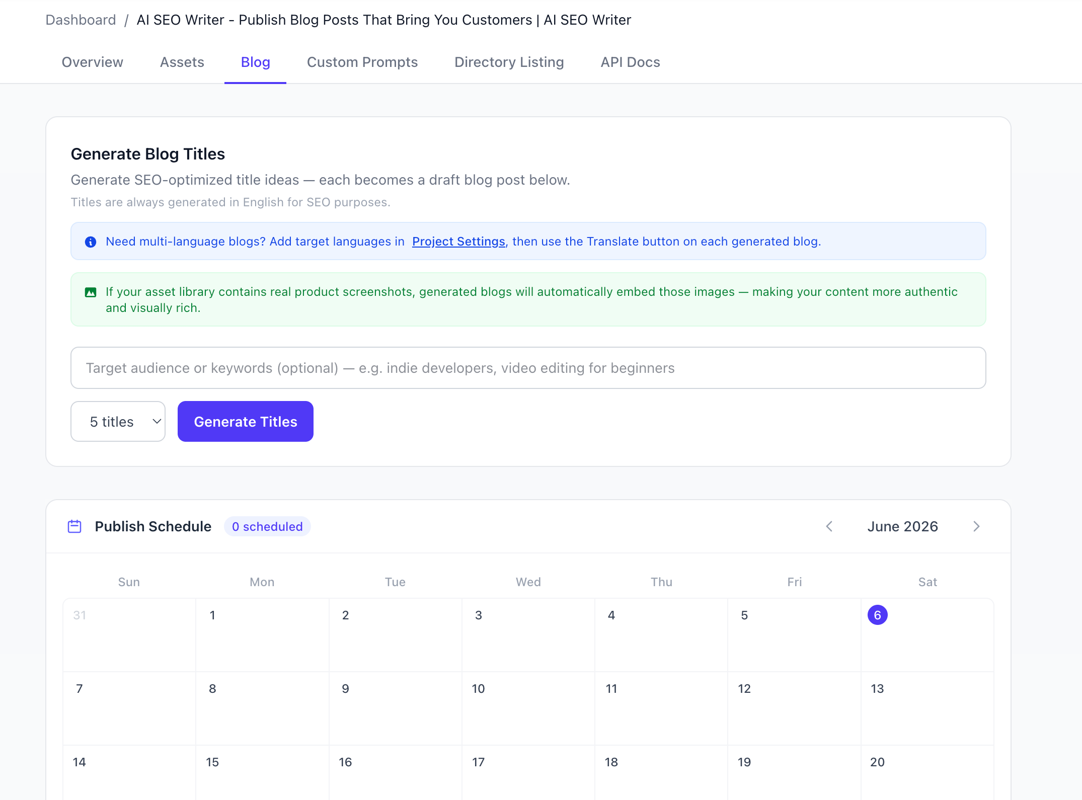 Blog section with title generation input and calendar for scheduling