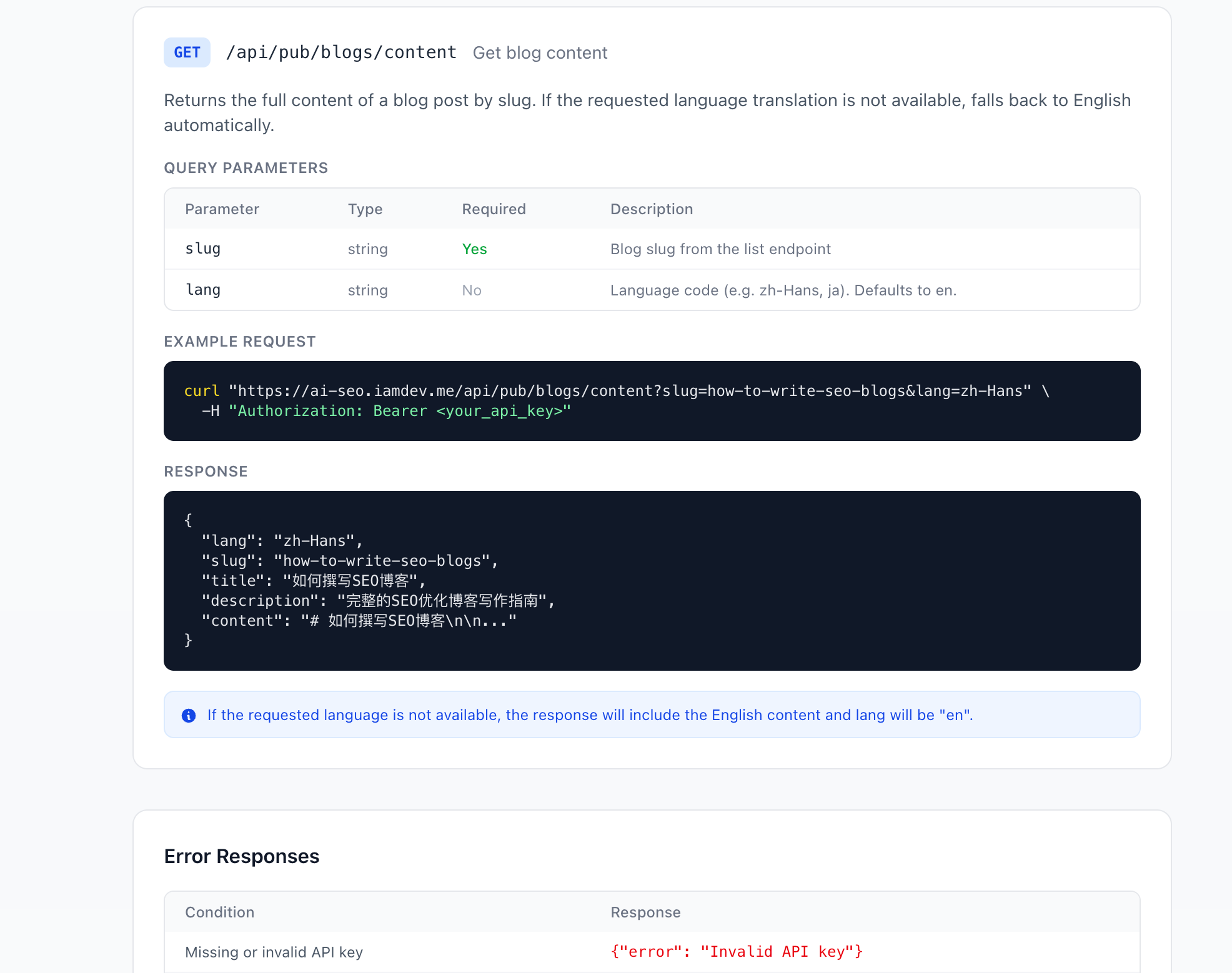 API documentation page showing endpoint for retrieving blog content