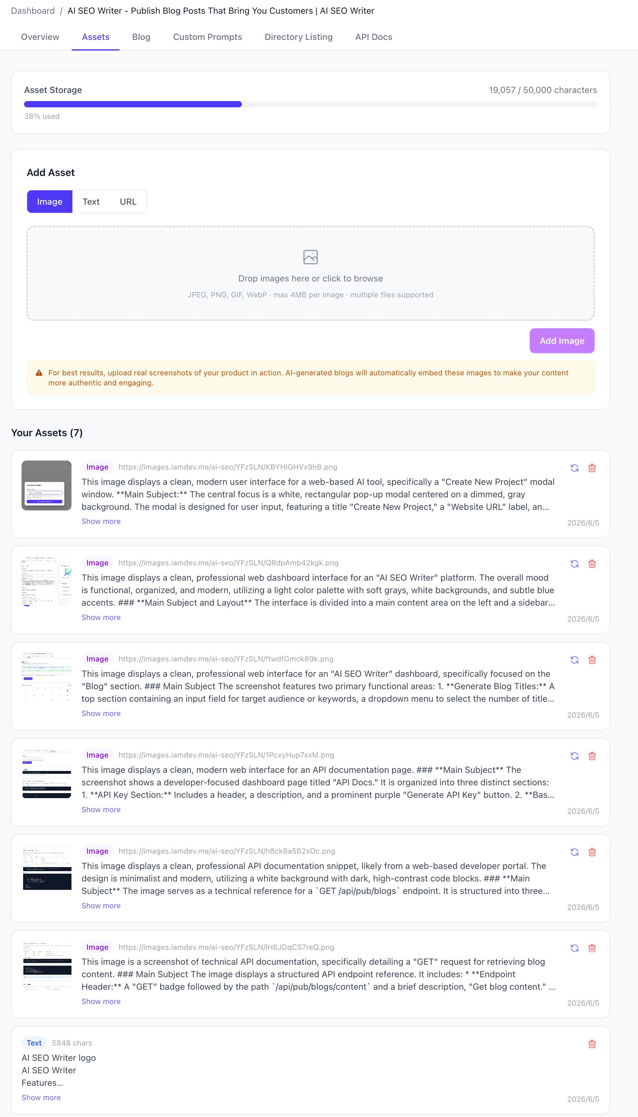 Asset library dashboard showing uploaded images with descriptions and progress bar