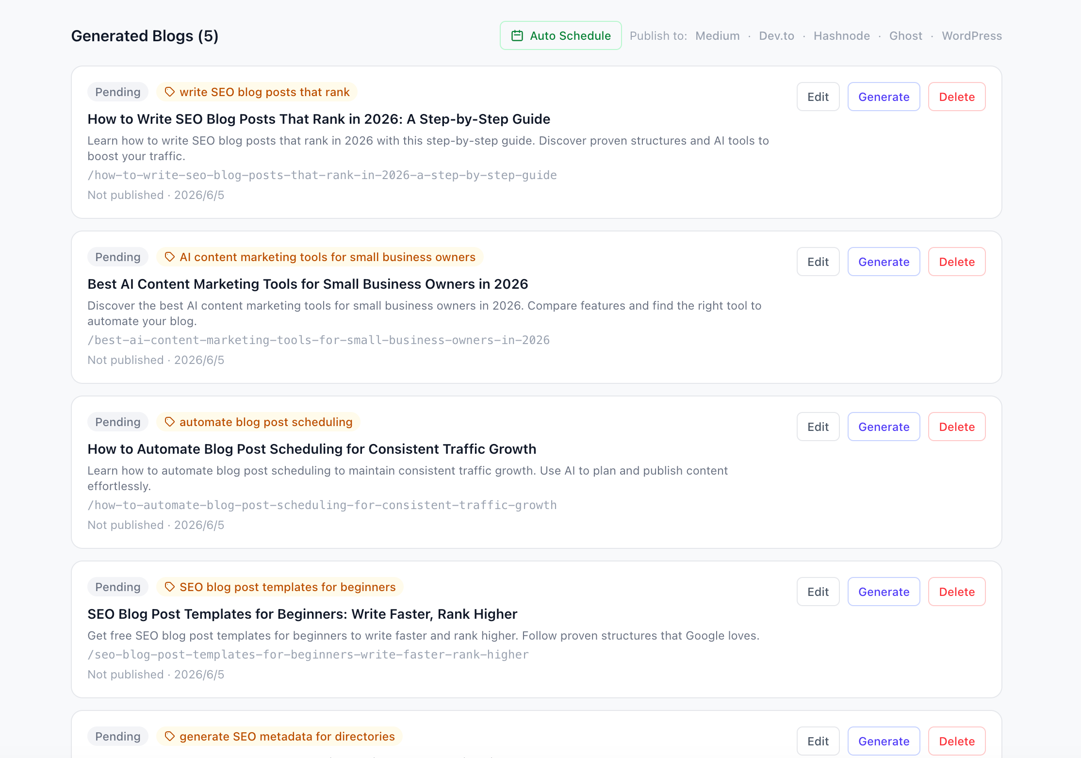 AI SEO Writer dashboard showing a list of blog post drafts with status badges and action buttons
