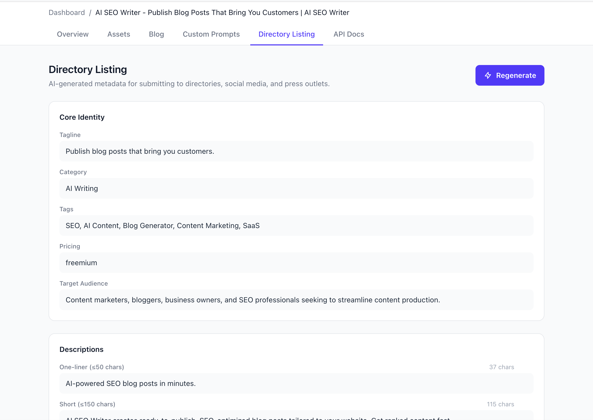 Directory Listing dashboard showing generated metadata fields like tagline, category, and tags